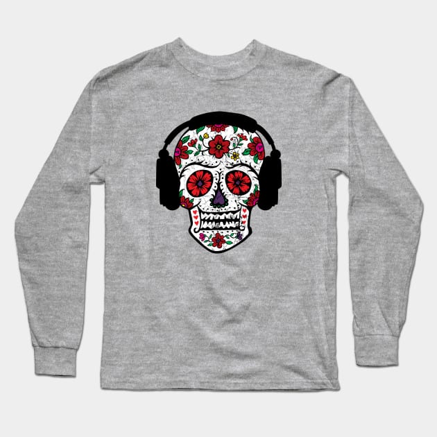 Sugar Skull Headphones Long Sleeve T-Shirt by Andibird